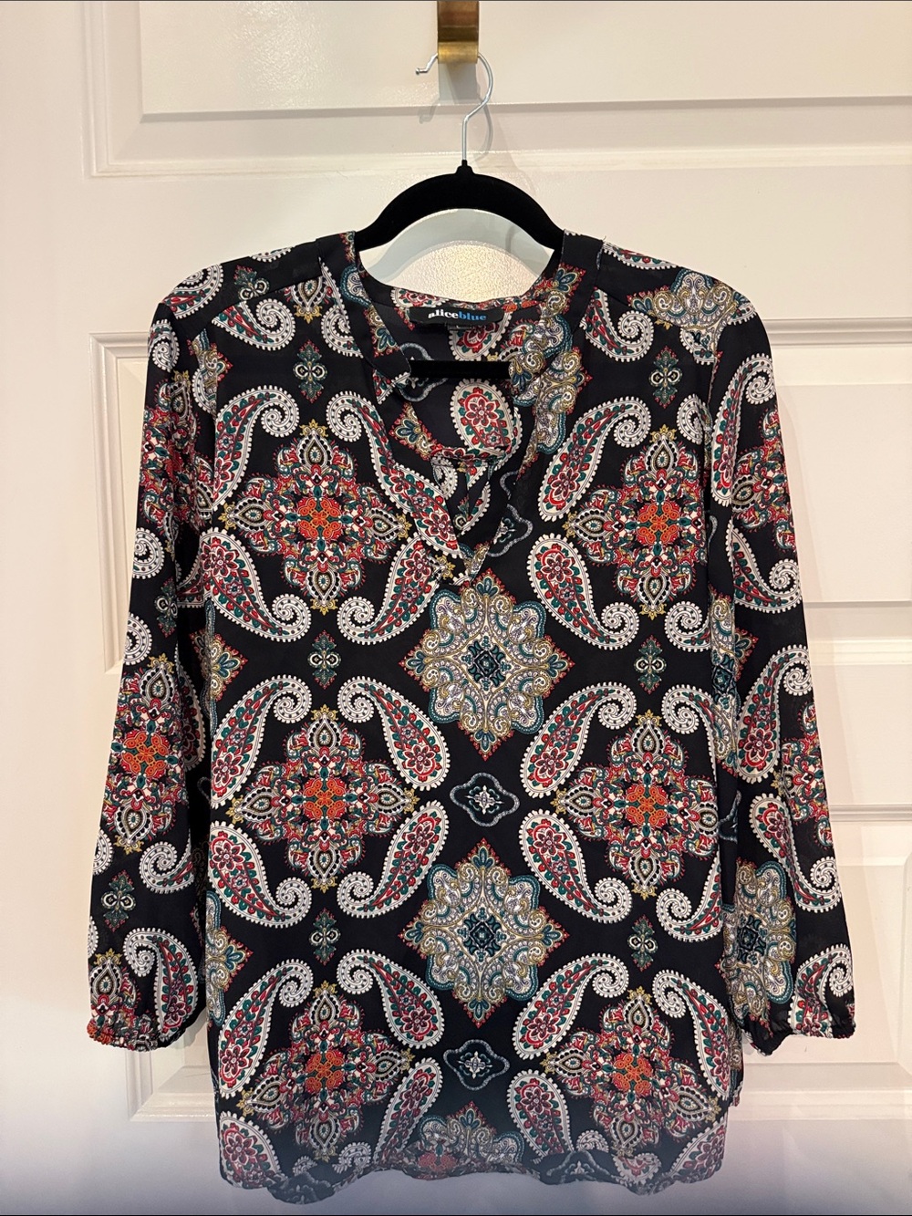 Alice Blue Black Paisley Medallion Tunic with Red and Teal Accents